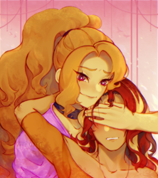 Size: 1200x1350 | Tagged: safe, artist:stummm, adagio dazzle, sunset shimmer, equestria girls, g4, adoragio, blushing, choker, cute, embarrassed, female, hand, holiday, hug, jewelry, lesbian, looking at you, necklace, shimmerbetes, ship:sunsagio, shipping, smiling, smiling at you, teasing