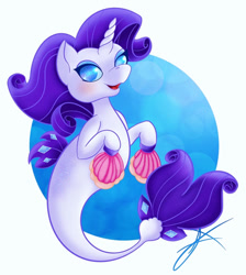 Size: 400x447 | Tagged: safe, artist:xenyu, rarity, pony, seapony (g4), unicorn, g4, blue background, blue eyes, bubble, colored pupils, diamond, dorsal fin, fan, female, fins, fish tail, flowing mane, flowing tail, horn, looking at you, open mouth, seaponified, seapony rarity, seashell, signature, simple background, smiling, solo, species swap, tail, underwater, water, white background