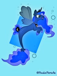 Size: 1280x1707 | Tagged: safe, artist:paulaparade, princess luna, alicorn, pony, seapony (g4), g4, blue background, blue eyes, bubble, crown, dorsal fin, ethereal mane, fin wings, fins, fish tail, hoof shoes, horn, jewelry, open mouth, regalia, seaponified, seapony luna, simple background, smiling, solo, species swap, starry mane, swimming, tail, underwater, water, wings