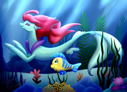 Size: 1280x928 | Tagged: safe, artist:krystalderpx3, fish, seapony (g4), starfish, ariel, clothes, colored pupils, coral, crepuscular rays, dorsal fin, eyes closed, female, fins, fish tail, flounder (the little mermaid), flowing mane, flowing tail, green eyes, looking up, ocean, open mouth, red mane, rock, seaponified, seaweed, see-through, smiling, solo, species swap, speedpaint, sunlight, swimming, tail, the little mermaid, underwater, water