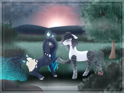 Size: 2758x2069 | Tagged: safe, artist:naezithania, oc, oc only, oc:blind ink, oc:upcoming rain, original species, pond pony, pony, scented pony, closed species, female, high res, male, mare, stallion, sunrise, waterfaller