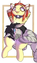 Size: 700x1210 | Tagged: safe, artist:cokesleeve, oc, oc only, oc:red ink, pony, unicorn, zebra, choker, collar, duo, female, head on lap, headband, lying down, male, piercing, possessive, shipping, simple background, spiked collar, straight, tattoo, tongue out, tongue piercing