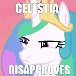 Size: 580x580 | Tagged: safe, edit, edited screencap, screencap, princess celestia, alicorn, pony, a royal problem, celestial advice, g4, caption, cropped, crown, disapproval, female, frown, glare, image macro, jewelry, looking at someone, mare, meme, morning, multicolored mane, regalia, solo, squint, sunrise, text