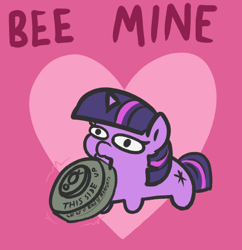 Size: 876x906 | Tagged: safe, artist:t72b, twilight sparkle, bee, insect, pony, unicorn, g4, danger, female, heart, holiday, landmine, mare, marelet, mouth hold, oh god no, pun, solo, squatpony, this will end in death, this will end in explosions, this will end in tears, this will end in tears and/or death, twiggie, unicorn twilight, valentine's day, valentine's day card, visual pun, war crime, weapon