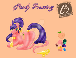 Size: 1024x792 | Tagged: safe, artist:adhiguna, artist:johnathon-matthews, oc, oc:peach frosting, earth pony, genie, genie pony, pony, deviantart watermark, flank, jewelry, not shantae, obtrusive watermark, reference sheet, watermark