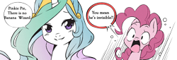 Size: 4496x1533 | Tagged: safe, artist:nekoshiei, seven seas, pinkie pie, princess celestia, alicorn, earth pony, pony, g4, my little pony: the manga, a day in the life of equestria, banana, banana wizard, colored, comic, david lumsdon, food, funny, manga, pinkie being pinkie, speech bubble, wizard