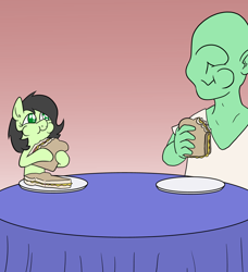 Size: 1000x1096 | Tagged: safe, artist:happy harvey, oc, oc:anon, oc:filly anon, earth pony, human, eating, female, filly, food, looking at each other, male, phone drawing, plate, sandwich, table