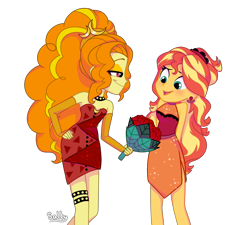 Size: 2198x1977 | Tagged: safe, artist:salty, adagio dazzle, sunset shimmer, equestria girls, g4, bare shoulders, bouquet, clothes, date, dress, duo, ear piercing, earring, female, flower, jewelry, lesbian, piercing, rose, ship:sunsagio, shipping, simple background, sleeveless, strapless, transparent background
