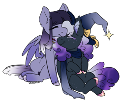 Size: 1201x1000 | Tagged: safe, artist:cosmalumi, oc, oc only, oc:mystic nightfall, oc:salacious allusion, bat pony, pegasus, pony, bat pony oc, bow, choker, clothes, commission, couple, cute, duo, duo female, eyebrows, eyebrows visible through hair, eyes closed, female, freckles, hat, holiday, jewelry, lesbian, looking at each other, love, nail polish, necklace, nuzzling, oc x oc, pegasus oc, scarf, shipping, signature, simple background, sitting, snuggling, transparent background, valentine's day, weapons-grade cute, witch hat, wizard hat, ych result