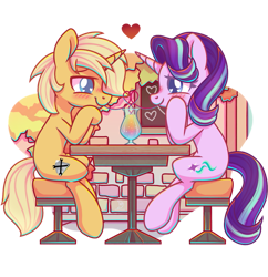 Size: 879x909 | Tagged: safe, artist:wavecipher, starlight glimmer, oc, oc:sunlight bolt, pony, unicorn, g4, canon x oc, commission, date, female, heart, heart eyes, holiday, love, male, mare, romantic, shipping, simple background, stallion, transparent background, valentine's day, wingding eyes, ych result