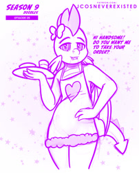 Size: 827x1024 | Tagged: safe, artist:jcosneverexisted, spike, dragon, anthro, g4, the point of no return, apron, clothes, dialogue, femboy, looking at you, male, pose, season 9 doodles, solo, text