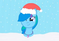 Size: 750x516 | Tagged: safe, artist:lillycloudart, oc, oc only, oc:lily cloud, pegasus, pony, bust, christmas, eyelashes, female, hat, holiday, jewelry, mare, necklace, one eye closed, pegasus oc, santa hat, smiling, snow, solo, wink