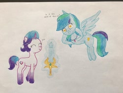 Size: 1080x810 | Tagged: safe, artist:lillycloudart, oc, oc only, oc:lily cloud, pegasus, pony, unicorn, cheek squish, dialogue, duo, eyelashes, eyes closed, eyes on the prize, female, glowing horn, grin, horn, jewelry, magic, mare, necklace, pegasus oc, smiling, squishy cheeks, starry eyes, sword, telekinesis, traditional art, unicorn oc, weapon, wingding eyes, wings