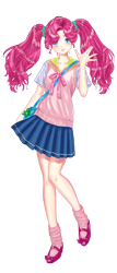 Size: 1757x4092 | Tagged: safe, artist:erim-kawamori, pinkie pie, human, g4, alternate hairstyle, bag, blushing, clothes, female, flats, humanized, mary janes, open mouth, peace sign, shirt, shoes, simple background, skirt, socks, solo, transparent background, vest