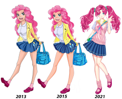 Size: 5017x4092 | Tagged: safe, artist:erim-kawamori, pinkie pie, human, g4, 2013, 2015, 2021, alternate hairstyle, bag, blushing, breasts, clothes, coat, comparison, female, flats, humanized, mary janes, open mouth, peace sign, shirt, shoes, simple background, skirt, socks, solo, transparent background, vest