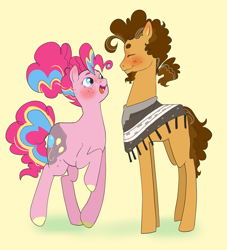 Size: 1749x1922 | Tagged: safe, artist:aztrial, cheese sandwich, pinkie pie, earth pony, pony, g4, beard, blushing, clothes, facial hair, female, freckles, male, older, older cheese sandwich, older cheesepie, older pinkie pie, poncho, ponytail, ship:cheesepie, shipping, straight