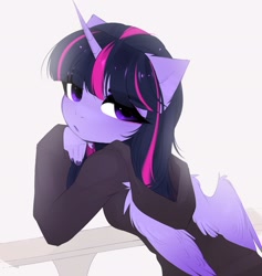 Size: 1941x2048 | Tagged: safe, artist:magnaluna, twilight sparkle, alicorn, anthro, clothes, cute, ear fluff, eyelashes, eyeshadow, hoodie, leaning, looking at you, looking back, looking back at you, makeup, nail polish, rear view, solo, twiabetes, twilight sparkle (alicorn)