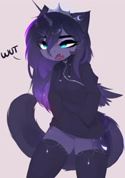 Size: 2789x3984 | Tagged: safe, artist:magnaluna, princess luna, alicorn, anthro, adorasexy, both cutie marks, clothes, crown, cute, cute little fangs, eye clipping through hair, eyelashes, eyeshadow, fangs, female, gradient mane, hoodie, jewelry, lunabetes, makeup, mare, open mouth, regalia, schrödinger's pantsu, sexy, skindentation, stockings, stupid sexy princess luna, thigh highs, thighs, wat, zettai ryouiki
