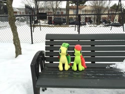 Size: 3264x2448 | Tagged: safe, artist:topsangtheman, apple fritter, peachy sweet, earth pony, pony, g4, apple family member, bench, high res, irl, looking at you, photo, playground, plushie, sitting, snow, swing set