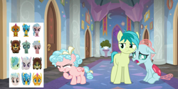 Size: 1024x515 | Tagged: safe, cozy glow, gallus, ocellus, sandbar, silverstream, smolder, yona, changedling, changeling, earth pony, pegasus, pony, g4, abuse, evil grin, female, grin, looking at each other, male, mash'ems, merchandise, missing, ocellabuse, sandabuse, smiling, stack'ems, student six, toy