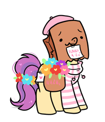 Size: 742x864 | Tagged: safe, artist:paperbagpony, oc, oc:paper bag, clothes, fake cutie mark, flower, note, sweater