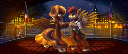 Size: 5000x2121 | Tagged: safe, artist:atlas-66, oc, oc:caramel breeze, oc:sentinel, pegasus, pony, bipedal, boat, city, clothes, dress, female, flag, france, looking at each other, male, mare, night, oc x oc, shipping