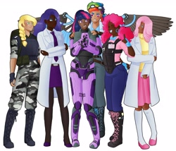 Size: 4325x3698 | Tagged: safe, artist:scorpiolight, applejack, fluttershy, pinkie pie, rainbow dash, rarity, twilight sparkle, human, g4, artificial wings, augmented, body armor, clothes, crossover, dark skin, grin, h.e.c.u., half-life, half-life: opposing force, hev suit, humanized, lab coat, mane six, marine, scientist, security guard, smiling, uniform, wings