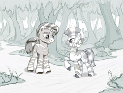 Size: 1800x1350 | Tagged: safe, artist:sirzi, zecora, oc, oc:fausto, zebra, g4, bracelet, canon x oc, commission, ear piercing, earring, female, forest, grayscale, jewelry, looking at each other, male, mare, monochrome, neck rings, piercing, quadrupedal, signature, smiling, stallion, zebra oc