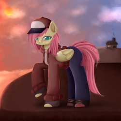 Size: 3000x3000 | Tagged: safe, artist:menalia, fluttershy, pegasus, pony, g4, alternate hairstyle, cap, clothes, cloud, cute, female, gloves, hat, high res, hoodie, house, jeans, mare, no pupils, pants, shoes, shyabetes, sneakers, solo, sun, water, wings