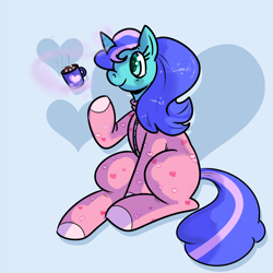 Size: 700x700 | Tagged: safe, artist:megastar, oc, oc only, oc:aqua regia, pony, unicorn, chocolate, clothes, female, food, footed sleeper, footie pajamas, hot chocolate, onesie, pajamas, solo