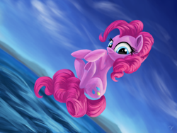 Size: 4000x3000 | Tagged: safe, artist:flusanix, pinkie pie, earth pony, pony, g4, female, floating, mare, ocean, pinkie being pinkie, ponk, signature, sky, smiling, solo