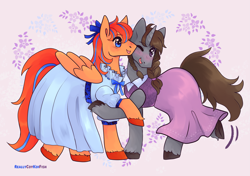 Size: 3987x2808 | Tagged: safe, artist:reallycoykoifish, oc, oc:cold front, oc:disty, pegasus, pony, unicorn, clothes, colt, commission, crossdressing, dress, dressup, gay, heart, high res, horn, hug, long tail, love, male, nuzzling, pegasus oc, ribbon, simple background, stallion, unicorn oc