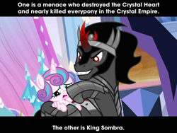 Size: 640x480 | Tagged: safe, edit, edited screencap, screencap, king sombra, princess flurry heart, alicorn, pony, unicorn, g4, the beginning of the end, abuse, caption, comparison trolling, drama, female, filly, flurry heart drama, flurry heart is not amused, flurrybuse, go to sleep sombra, image macro, meme, non-consensual booping, op is a duck, op is trying to start shit, shitposting, text, unamused