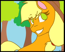 Size: 760x614 | Tagged: safe, artist:mscolorsplash, applejack, earth pony, pony, g4, colored, female, flat colors, mare, no pupils, solo, tree