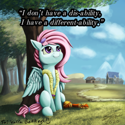 Size: 2896x2896 | Tagged: safe, artist:sigilponies, edit, kerfuffle, pegasus, pony, g4, amputee, cute, female, fufflebetes, happy, high res, inspiration, mare, positive body image, prosthetic leg, prosthetic limb, prosthetics, smiling, solo, spread wings, text edit, tree, wings