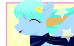Size: 3300x2074 | Tagged: safe, artist:alphakodi, oc, oc only, oc:hermanus, pegasus, pony, abstract background, bust, clothes, ear fluff, female, happy, high res, inkscape, mare, scarf, smiling, solo, spread wings, vector, wings