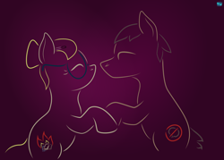 Size: 1000x715 | Tagged: safe, artist:quint-t-w, oc, oc only, earth pony, pony, bipedal, boop, earth pony oc, eyes closed, female, glasses, gradient background, hair bun, holding hooves, male, minimalist, modern art, noseboop, pun, romantic, visual pun