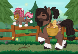 Size: 1500x1035 | Tagged: safe, artist:pink-pone, oc, oc only, oc:ginger bread, oc:jamie dodger, insect, ladybug, pony, basket, bread, female, fence, filly, food, male, mouth hold, stallion, tree