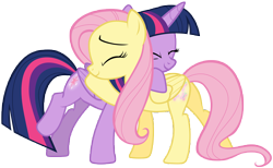 Size: 11400x7000 | Tagged: safe, artist:tardifice, fluttershy, twilight sparkle, alicorn, pegasus, pony, g4, butt, cute, duo, female, flutterbutt, folded wings, hug, mare, plot, shyabetes, simple background, transparent background, twiabetes, twilight sparkle (alicorn), vector, wings