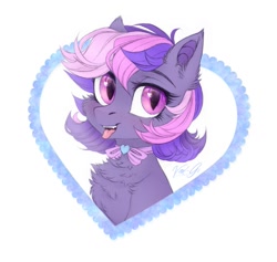 Size: 1135x1075 | Tagged: safe, artist:vird-gi, oc, oc only, oc:midnight mist, bat pony, pony, bow, bowtie, cheek fluff, chest fluff, cute, ear fluff, fangs, female, looking at you, mare, smiling, solo, tongue out