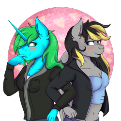 Size: 3000x3000 | Tagged: safe, artist:shamy-crist, oc, oc only, pegasus, unicorn, anthro, belly button, blushing, breasts, cleavage, clothes, female, high res, horn, jacket, looking at each other, wings