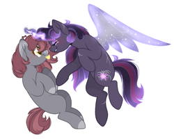 Size: 900x719 | Tagged: safe, artist:magicallightsentryyt, oc, oc only, oc:midnight starfire, oc:stone heart, pony, unicorn, artificial wings, augmented, base used, female, magic, magic wings, mare, offspring, parent:maud pie, parent:mud briar, parent:tempest shadow, parents:maudbriar, simple background, tongue out, transparent background, wings
