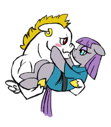 Size: 684x778 | Tagged: safe, artist:sinjaaussiaangels, bulk biceps, maud pie, earth pony, pegasus, pony, g4, blushing, boop, bridal carry, carrying, female, holding a pony, looking into each others eyes, male, mare, maudceps, noseboop, shipping, simple background, stallion, straight, white background