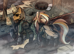 Size: 4096x2977 | Tagged: source needed, useless source url, safe, artist:besomb1tch, oc, pegasus, pony, unicorn, fallout equestria, desert, enclave, sketch