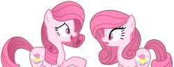 Size: 2048x783 | Tagged: safe, artist:tanahgrogot, oc, oc only, oc:annisa trihapsari, earth pony, pony, alternate hairstyle, base used, clone, duo, duo female, fake, female, mare, not rarity, open mouth, pink body, pink hair, self paradox, self ponidox, simple background, transparent background, vector