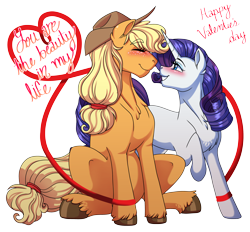 Size: 3454x3200 | Tagged: safe, artist:jack-pie, applejack, rarity, g4, blushing, eyes closed, female, high res, holiday, lesbian, raised hoof, ship:rarijack, shipping, simple background, sitting, transparent background, valentine's day