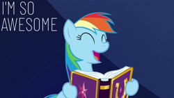 Size: 1920x1080 | Tagged: safe, edit, edited screencap, editor:quoterific, screencap, rainbow dash, pegasus, pony, fame and misfortune, g4, book, eyes closed, female, narcissism, open mouth, solo