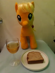 Size: 3096x4128 | Tagged: safe, applejack, g4, build-a-bear, cider, food, glass, hearts and hooves day, holiday, irl, otaku date, photo, plushie, sandwich, table, toy, valentine's day, waifu dinner