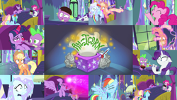 Size: 1974x1111 | Tagged: safe, edit, edited screencap, editor:quoterific, screencap, applejack, fluttershy, pinkie pie, rainbow dash, rarity, spike, twilight sparkle, alicorn, dragon, earth pony, pegasus, pony, unicorn, ail-icorn, g4, spoiler:interseason shorts, age regression, angry, applejack's hat, baby, baby pony, babylight sparkle, cowboy hat, crying, crylight sparkle, dashie mcboing boing, eyes closed, female, floatyjack, fluttercold, freezing, hat, laser, male, mane six, open mouth, potion, red nose, sicklight sparkle, sneezing, thermometer, tissue, tissue box, twilight sparkle (alicorn), twilight's castle, younger