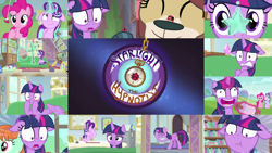 Size: 1974x1111 | Tagged: safe, edit, edited screencap, editor:quoterific, screencap, peppermint goldylinks, pinkie pie, starlight glimmer, twilight sparkle, yona, alicorn, earth pony, insect, ladybug, pony, unicorn, yak, g4, starlight the hypnotist, spoiler:interseason shorts, close-up, coccinellidaephobia, cute, duo, eyes closed, facehoof, female, floppy ears, friendship student, glowing horn, horn, hypnosis, hypnotized, insect on nose, magic, magic aura, open mouth, school of friendship, shocked, sitting, teeth, tired eyes, trio, twilight hates ladybugs, twilight snapple, twilight sparkle (alicorn), twilynanas, yonadorable